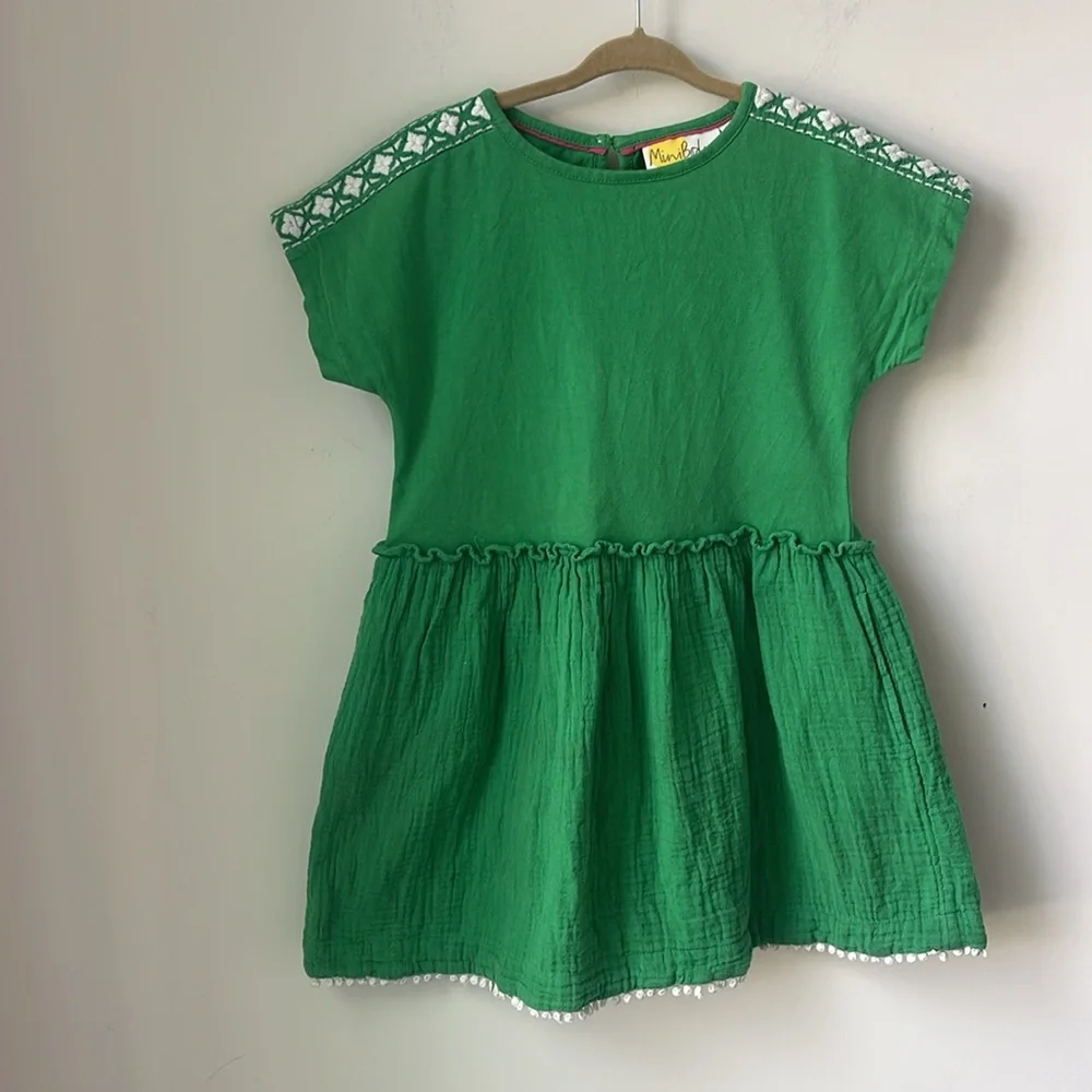 Mini Boden Woven Mixed Texture Dress in Bright Green 100% Cotton Size 4-5Y